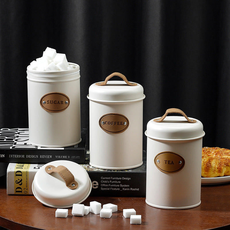 Rustic Charm Metallic Kitchen Storage Jar Set – Coffee, Tea, Sugar (Set of 3)