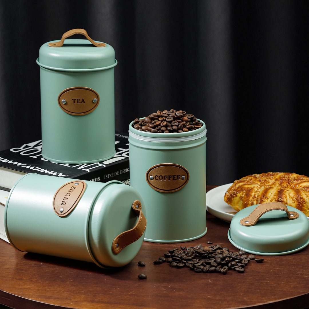 Rustic Charm Metallic Kitchen Storage Jar Set – Coffee, Tea, Sugar (Set of 3)